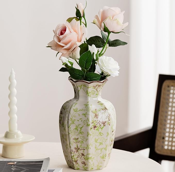 Blue and White Vase, Vintage Blue Ceramic Flower Vessel,Ceramic vases for Home Decor,Vintage Green and Beige for Console Table Mantle Chinoiserie Decor (Green and Beige-01, Large)