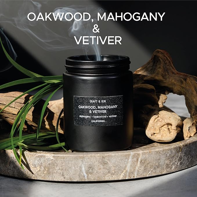 Craft & Kin Premium Oakwood, Mahogany & Vetiver Candle | Black Spring Scented Candles for Men | Long Lasting with 45 Hour Burn Time, 7.6oz | Made with Soy | Aromatherapy at Home | Gifts for Men