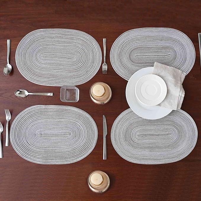 Noctiflorous Oval Braided Placemats Set of 6 Woven 12x18 Inch Non Slip Washable Heat Resistant Place Mats Round Tablemats for Dining Kitchen Party Daily Table Decor Dinner Mats (08 Grey, 6)