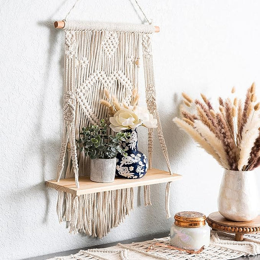 SnugLife Macrame Wall Hanging Shelf - Tier Wall Shelves with Handmade Woven Rope - Boho Shelves Organizer Hanger for Kitchen, Bathroom, Home Storage, Floating Indoor Plant Wall Shelf (1 Tier)