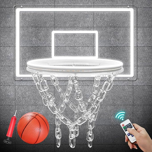 Basketball Hoop Neon Sign for Wall Decor,Dimmable Basketball Hoop Light,Sports Neon Signs with Ball and Pump,Basketball Toy Gift for Sports Fans(White)