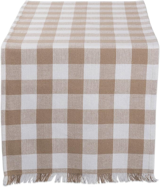 DII Heavyweight Fringed Check Tabletop Collection, Table Runner, 14x108, Stone Brown