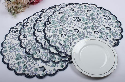 Ridhi Bo-ho Round Place Mat Double Layer Floral Cotton Washable Placemats 15" Round Embroidery Block Print Table Mat (Pack of 4-15 Inch Round, Denim Blue)