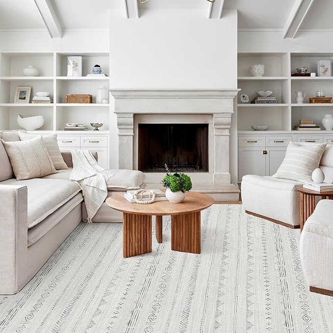 Deerly Large Area Rug, Washable 9x12 Area Rug, Boho Rug for Living Room, Moroccan Rug Farmhouse Washable Rug with Non-Slip Backing, Neutral Morden Indoor Carpet for Bedroom Dining Room, Light Grey