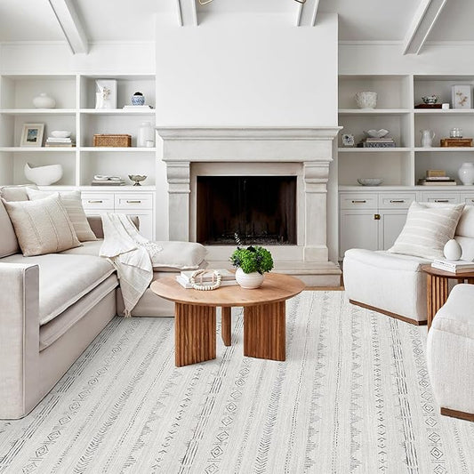 Deerly Large Area Rug, Washable 9x12 Area Rug, Boho Rug for Living Room, Moroccan Rug Farmhouse Washable Rug with Non-Slip Backing, Neutral Morden Indoor Carpet for Bedroom Dining Room, Light Grey