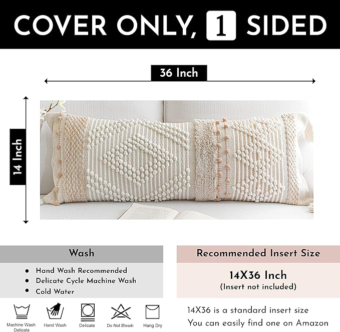 Cream Decorative Lumbar Throw Pillow Cover 14x36 Boho Long Cushion for Bed Neutral Beige White Accent Modern Farmhouse Pillowcase for Bedroom Living Room Couch Sofa Home Décor Cover ONLY