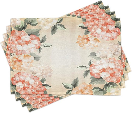 Ambesonne Floral Place Mats Set of 8, Blooming Hydrangea Flowers Leaves Bouquet Vintage Style Spring Nature Print, Washable Fabric Placemats for Dining Table, Placemat 8 pcs, Salmon Green