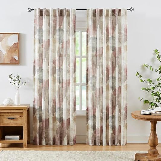 Kayne Studio Red Brown Watercolor Semi Sheer Curtain Panels, Boho Ink Geo Print Light Filtering Farmhouse Drapes for Living Room Bedroom, Back Tab Rod Pocket Window Treatment Set,W52 x L63,2 Panels