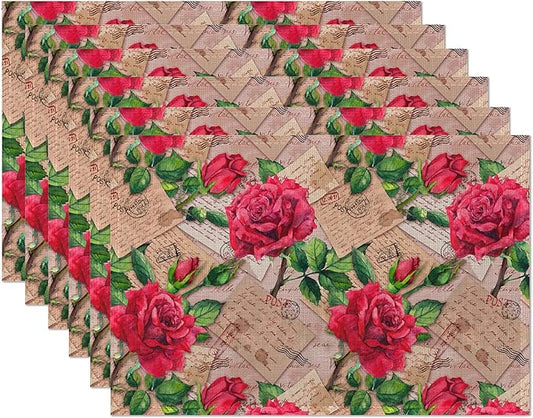 Red Rose Flower Placemats Set of 6,Stamp Vintage Linen Washable Kitchen Dining Table Mats Heat Resistant Place Mats for Home Party Indoor Holiday 12x18 Inch