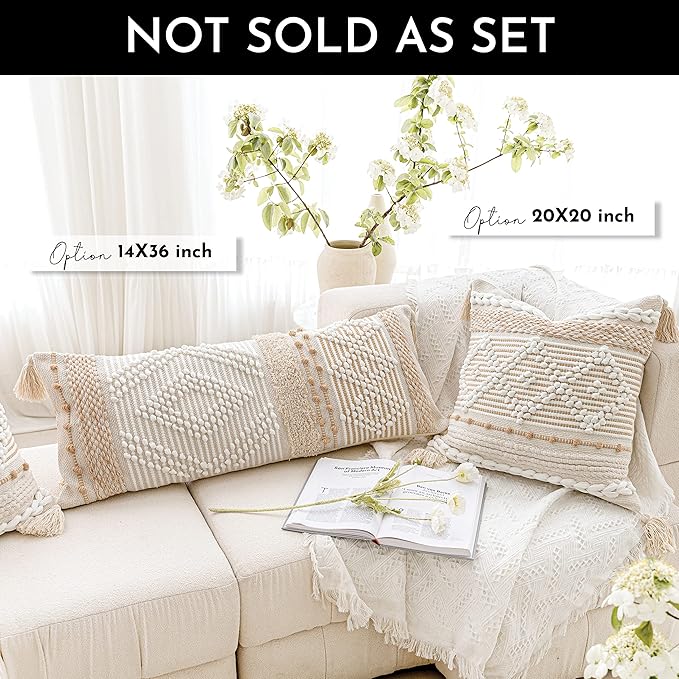 Cream Decorative Lumbar Throw Pillow Cover 14x36 Boho Long Cushion for Bed Neutral Beige White Accent Modern Farmhouse Pillowcase for Bedroom Living Room Couch Sofa Home Décor Cover ONLY