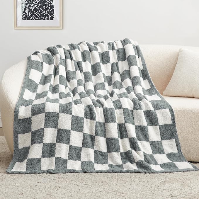 EXQ Home Checkered Throw Blanket, Knitted Blanket with Checkerboard Grid Pattern, Soft Cozy Fluffy Blankets for Couch Bed Sofa, Warm Fuzzy Plaid Blanket for All Seasons(Bluish Grey, 50"×60")