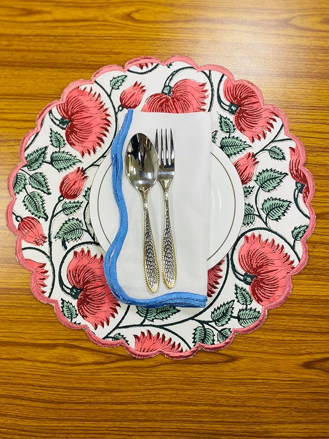 Ridhi Coral and Turquoise Green Bo-ho Round Place Mat Double Layer Floral Cotton Washable Placemats 15" Round Embroidery Block Print Table Mat Pack of 4-15 Inch Round