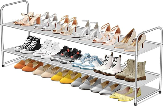 SLEEPING LAMB 2-Tier Long Shoe Rack Organizer for Closet, Stackable Wide Shoe Shelf Holds 18-Pairs Low Shoe Storage for Bedroom, Floor, Entryway (Grey)