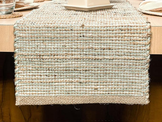 Chardin Home Natural Jute Table Runner 13x90 Inch – Vintage Boho Rustic Table Decor – Handwoven Jute Table Runner in Natural and Sage Green – Farmhouse Dining or Console Table Accent