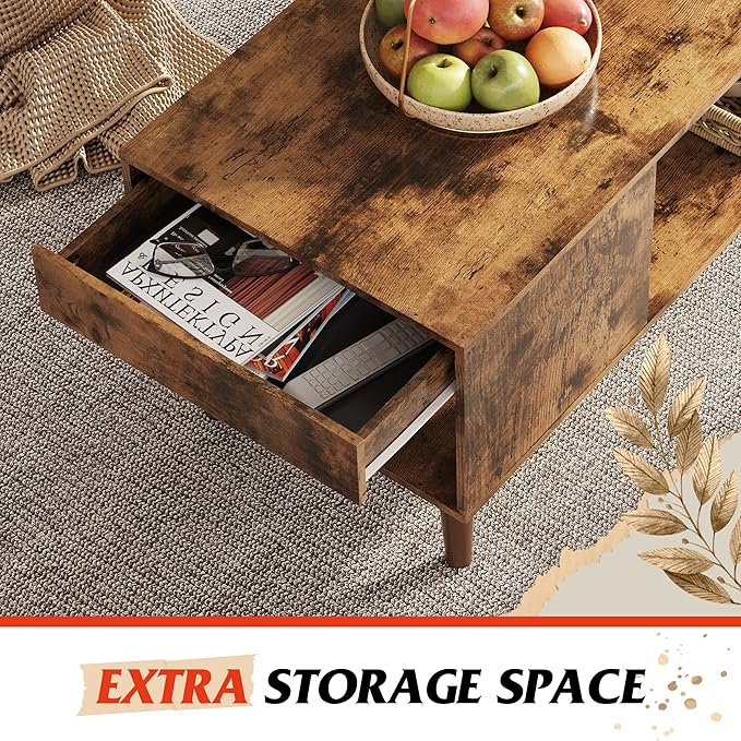 WLIVE Coffee Table, 39.4" Wood Coffee Table with Sliding Top up to 50" TV, Modern Center Table with Open Storage Shelf for Living Room, Bedroom, Rustic Brown