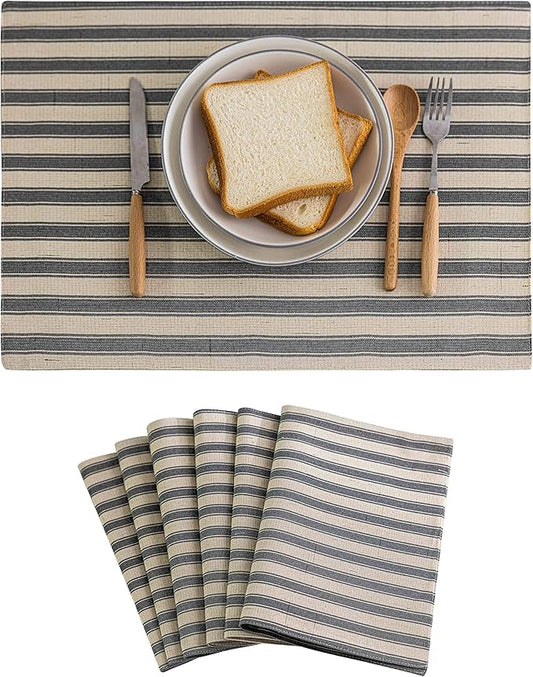 Home Brilliant Farmhouse Placemats Set of 6 Heat Resistant Dining Table Mats for Kitchen Table, 13 x 19 inches, Stripes, Grey and Beige
