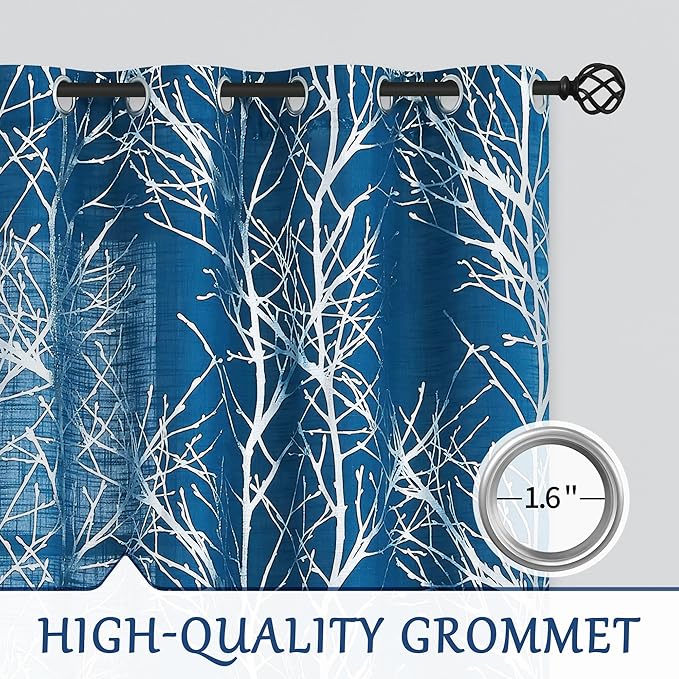 FMFUNCTEX Linen Semi Sheer Curtains for Bedroom, Silver Foil Curtains 84 Inches Long for Living Room, Silver Metallic Print Navy Blue Tree Panel for Windows, Light Filtering Curtains Grommet 2 Panels