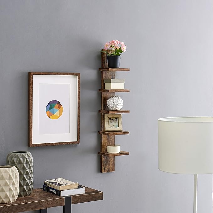 Danya B 5 Tier Wall Shelf Unit Narrow - Vertical Column Ladder Shelf, Floating Storage, Home Decor Organizer, Tall Tower Design, Utility Shelving, Bedroom, Living Room (Pine)