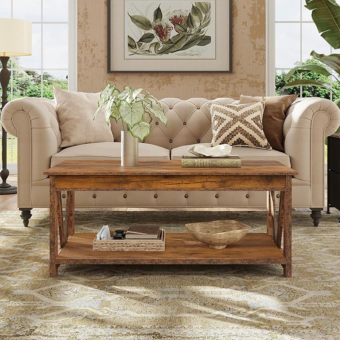 WLIVE Coffee Table, 43" Farmhouse Coffee Table with Storage Shelf & Sturdy V-Shaped Support, Wood Center Table for Living Room, Bedroom, Office and Balcony, Rustic Brown
