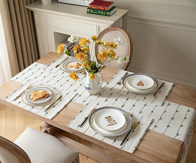 Boho Placemats Set of 4 for Dining Table Decor, Woven Cloth Place Mats for Farmhouse Rustic Kitche Home Decor, Cotton Placemats 13 x 19 Inch, Green and Beige Table mats