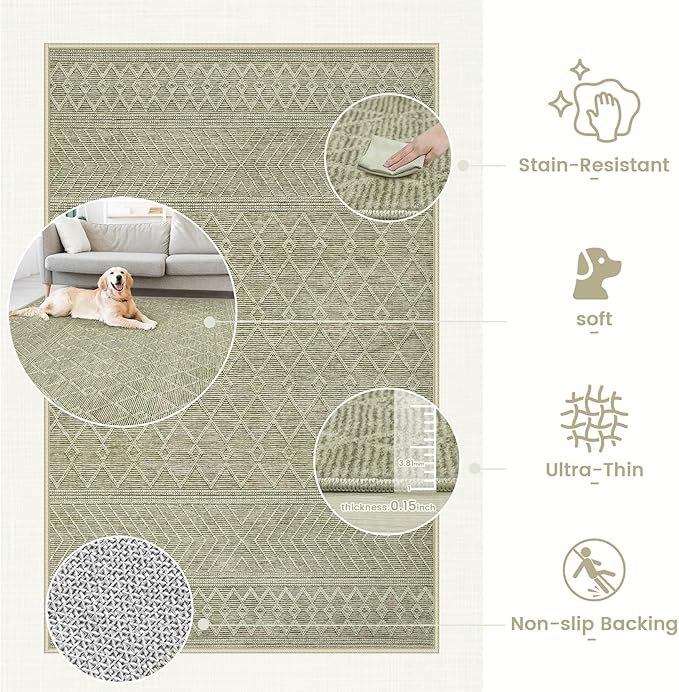 5x7 Area Rug Living Room: Washable Boho Geometric Moroccan Rug Neutral Modern Farmhouse Indoor Soft Non Slip Ultra Thin Printed Pattern Carpet for Dining Room Bedroom Nursery Home (Brown, 5'x7')