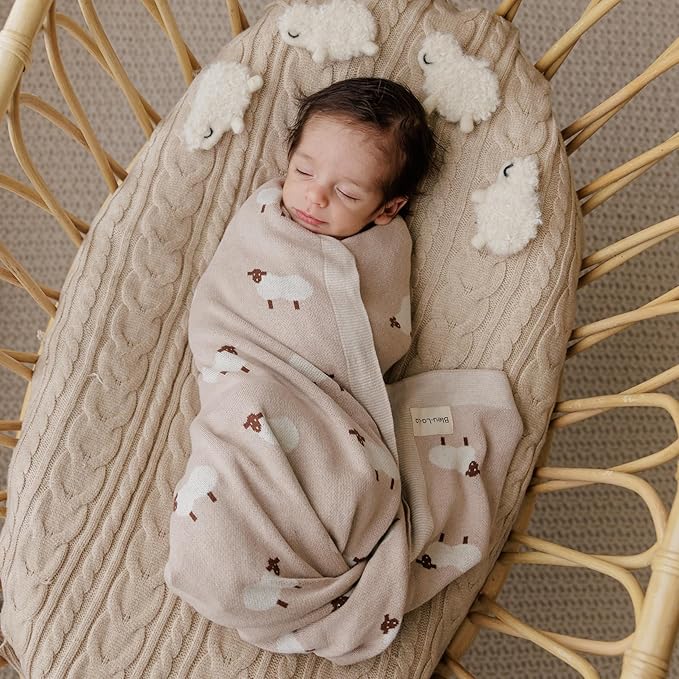 Luxury Cotton Knit Swaddle Baby Blanket - Soft Cozy Lightweight Unisex Receiving Swaddler Crib Stroller Quilt Blanket for Shower Gift Registry for Newborns Infants Toddlers (Sheep - Ivory)