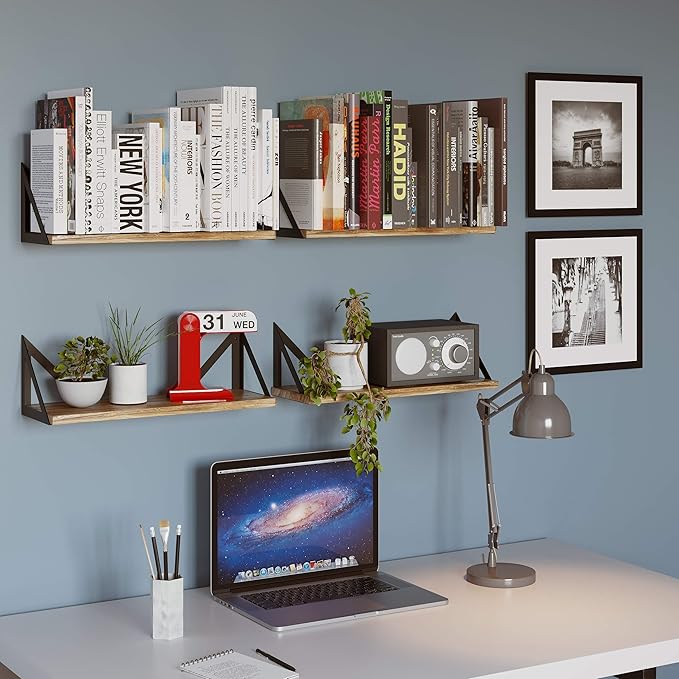 Wallniture Minori Floating Shelves Set of 4, Small Bookshelf Unit for Bedroom, Office, Bathroom, and Living Room, Natural Burned Rustic Wood Wall Decor with Metal Floating Shelf Bracket