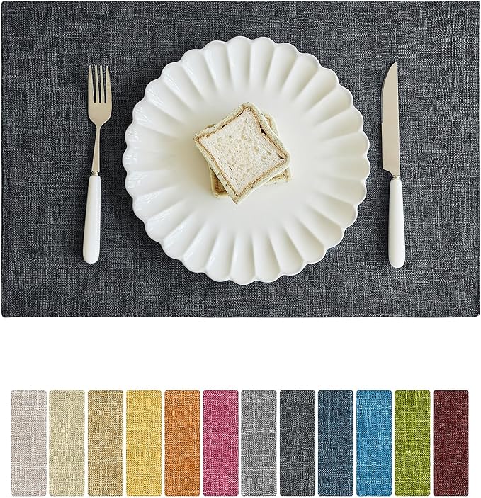 Softalker Faux Linen Placemats Set of 12-12 x 18 Inch, Heat Resistant Double Layered Durable Burlap Farmhouse Place Mats, Non-Slip Washable Rustic Table Mats for Dining, Kitchen, Party（Dark Grey