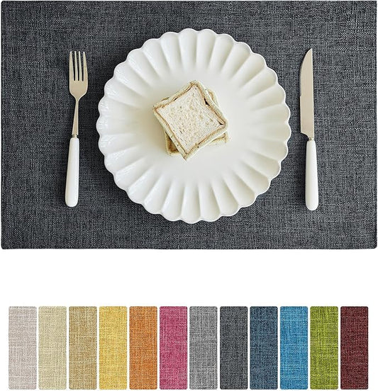 Softalker Faux Linen Placemats Set of 12-12 x 18 Inch, Heat Resistant Double Layered Durable Burlap Farmhouse Place Mats, Non-Slip Washable Rustic Table Mats for Dining, Kitchen, Party（Dark Grey