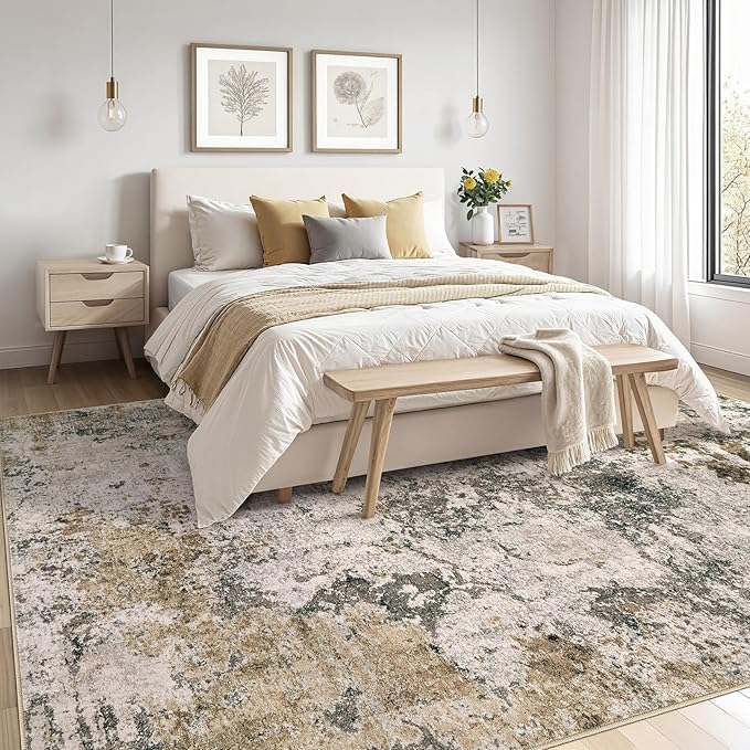 Area Rugs for Living Room: 6x9 Abstract Washable Rug Large Soft Stain Resistant Non-Slip Backing for Bedroom Dining Room Indoor Home Office Carpet for Kids Pet Friendly Families - Dark Brown