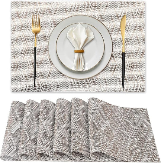 Vinyl Plastic Placemats Set of 6 Washable Heat Resistant Non-Slip Elegant Indoor Outdoor Kitchen Dining PVC Woven Table Place Mats (Brown Rhombus)