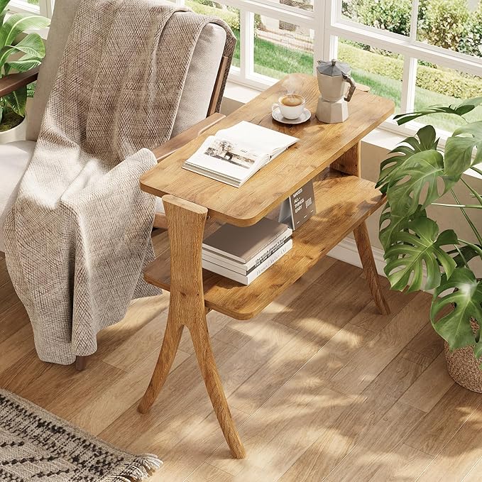 LITTLE TREE Narrow Side Table, 2-Tier Farmhouse End Table with Solid Wood Legs, Small Side Table, Space-Saver for Living Room, Bedroom, Entryway (Light Walnut)