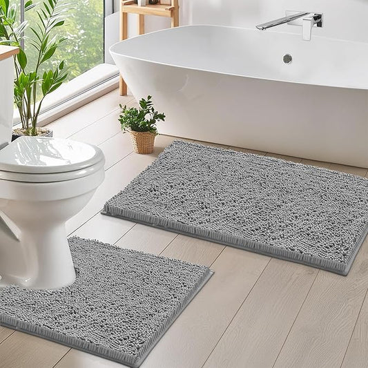 LuxUrux Soft Chenille Area Rug Set, 2 Piece Sets, U-Shape Contoured Toilet Base Mat & 31x20 Mat, Absorbent Washable Mats, Microfiber Dries Quickly, Bath Rugs for Tub, Light Grey.