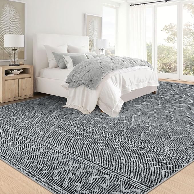 9x12 Area Rug Living Room: Washable Boho Geometric Moroccan Rug Neutral Modern Farmhouse Indoor Soft Non Slip Ultra Thin Large Printed Pattern Carpet for Bedroom Home Office (Black, 9'x12')