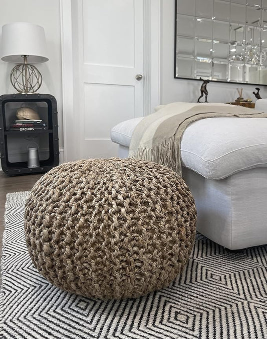 S & L Homes Pouf Ottoman - 100% Natural Jute Braided- Footrest Pouf Hand Knitted - Traditional Cord Boho Pouffe - for The Living Room, Bedroom, Nursery, Patio, Lounge (20" x 20" x 14")