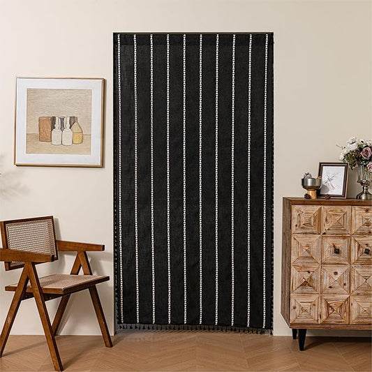 Sutuo Home Door Curtains for Doorway, Bohemian Semi Blackout Curtains Privacy Embroidery Stripes Decor for Temporary Room Dividers Bedroom Living Room, Rod Pocket 1 Panel 37" W x 80" L, Black