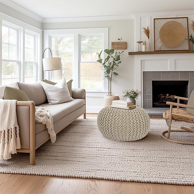 COTTON CRAFT Round Pouf - Hand Knitted Tweed Cable Dori Pouf Ottoman - Cotton Braid Cord Foot Stool Footrest Accent Seat Furniture Bean Bag - Family Room Kids Nursery Dorm - 20x14 - Natural