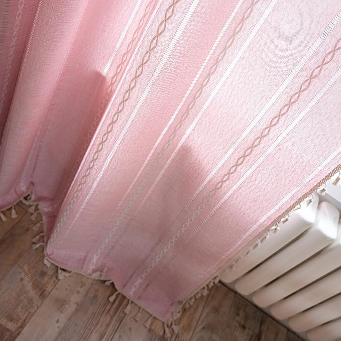 Sutuo Home Boho Curtain for Bedroom Living Room Nursery Kitchen, Light Filtering Country Farmhouse Vintage Chic Tassels Hollow Window Treatment Bohemian Drape, 1 Panel 52" W x 96" L, Pink