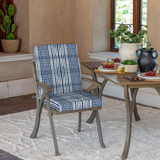 Arden Outdoor Dining Chair Cushion, 20 in x 20 in, Weather-Proof, Rain-Proof, Fade Resistant Patio Cushion for Patio, Dining, or Rocking Chairs 20 x 20, Blue Shibori Stripe