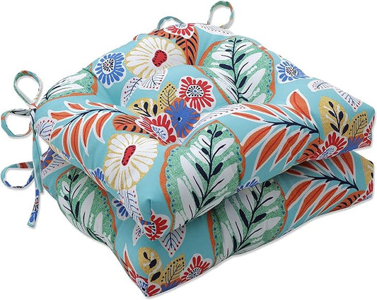Pillow Perfect Bright Floral Indoor/Outdoor Chairpad with Ties Reversible, Tufted, Weather, and Fade Resistant, 15.5" x 16", Blue/Orange Marlow 2 Count