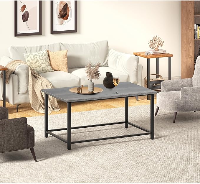 SENIG Small Coffee Table, Modern Industrial Style Rectangular Coffee Table, Grey Wood and Sturdy Metal Side End Table, Rustic Accent Functional Coffee Table for Living Room,31.5 x 20 x 16