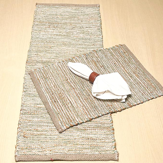 Chardin Home Natural Jute Table Runner 13x36 Inch – Vintage Boho Rustic Table Decor – Handwoven Jute Table Runner in Natural and Sage Green – Farmhouse Dining or Console Table Accent