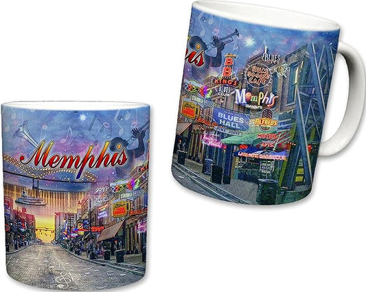 Sweet Gisele City of Memphis Inspired Mug, Ceramic Coffee Cup, Downtown Streets, Home of the Blues, Music Note Accents, Colorful Detailing, Nightlife Scenery, Great Novelty Gifts 11 Fl Oz