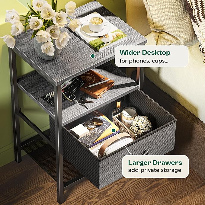 Huuger Nightstand Set of 2, Night Stand with Fabric Drawer, Mesh Shelf, Side Table with Storage, Fabric Drawer Dresser, Open Shelf, Metal Frame, Bedroom, Grey