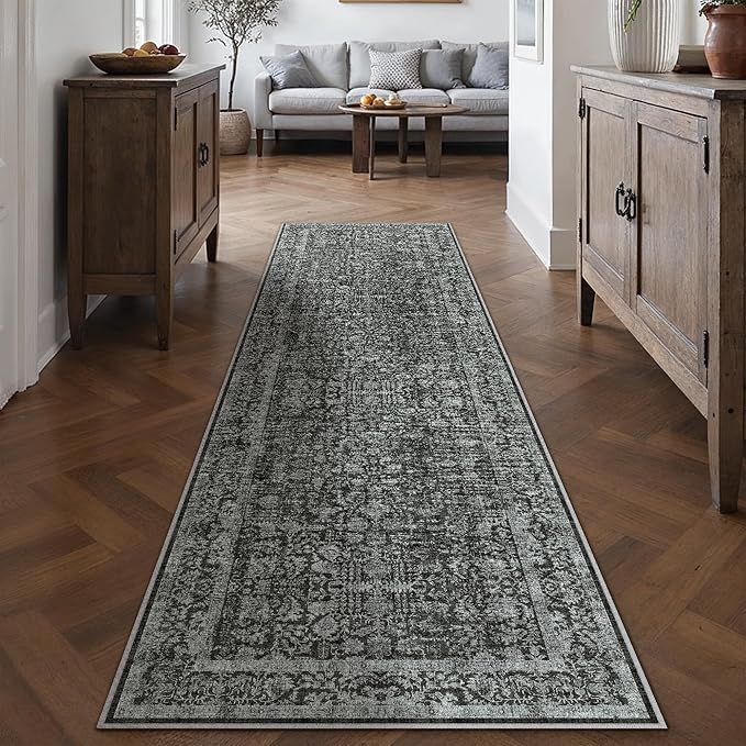 Dark Black Runner Rug 2x8 Hallway Machine Washable Kitchen Vintage Distressed Non Slip Long Carpet Indoor Retro Floral Bedroom Accent Throw Rug for Bathroom Office Laundry Dining Room