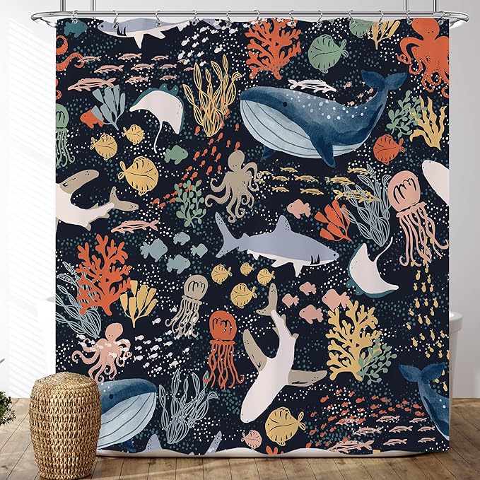 Kids Shower Curtain, Cartoon Fish Shark Whale Ocean Theme Sea Animal Shower Curtain for Bathroom 72x72 Cute Underwater Marine Bathtub Curtain Girls Boys Bathroom Decor