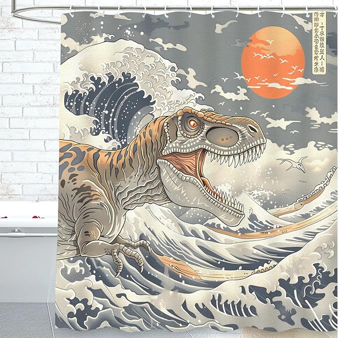 Dinosaur Shower Curtain for Bathroom, Dino Shower Curtain for Kids Boy,Funny Cool Japanese Ocean Wave Dinosaur Polyester Shower Curtain Waterproof Washable Durable 12 Hooks 72"x72" Dinosaur Decor