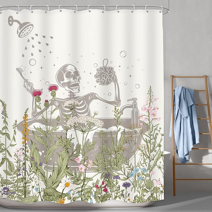 LGhtyro Funny Skull Halloween Wildflower Shower Curtain Bathroom Set 60Wx71H Inches Gothic Skeleton Floral Rustic Leaves in Bathtub Bath Accessories Spooky Cool Art Home Decor Fabric 12 Pack Hooks