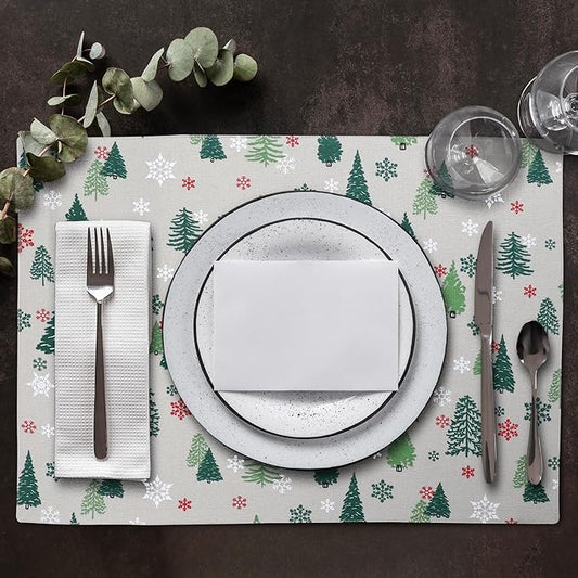 Urban Villa Christmas Placemats Green Tree 100% Cotton Fused Tablemats for Dining 14''x20'' Over Sized Set of 6 Placemats for Christmas Celebrations Wedding Parties Every Day Use Heavier Quality