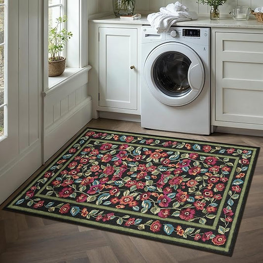 Black Area Rug 3x5 Washable Living Room Non Slip Kitchen Soft Floral Indoor Carpet Vintage Low Pile Accent Throw Rug for Office Dining Room Nursery Bathroom Farmhouse